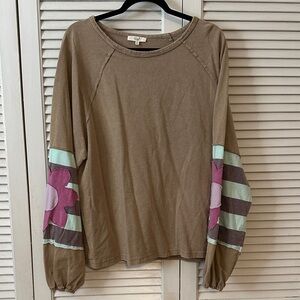 Easel Tan Long Sleeve Top with Floral Accents